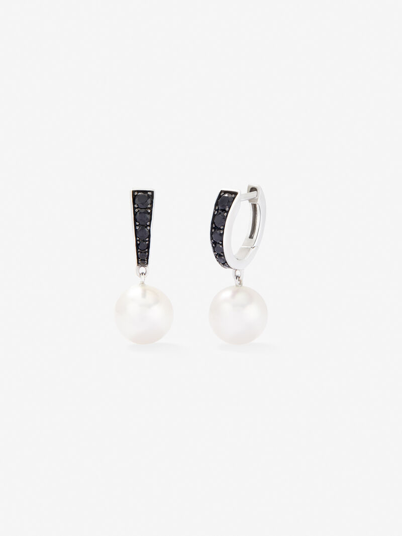 925 Silver hoop earrings with 0.32 cts black spinels and 8.5mm akoya pearls image number 0