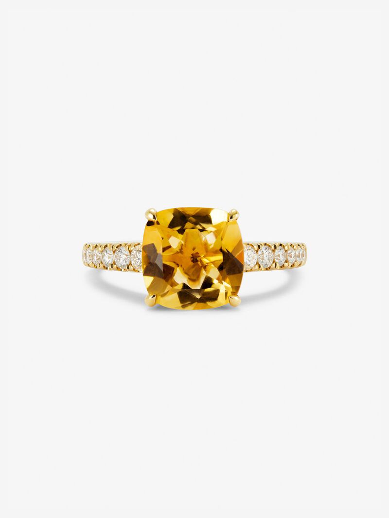 18K yellow gold ring with cushion-cut citrine quartz of 2.7 cts and 12 brilliant-cut diamonds with a total of 0.3 cts image number 1