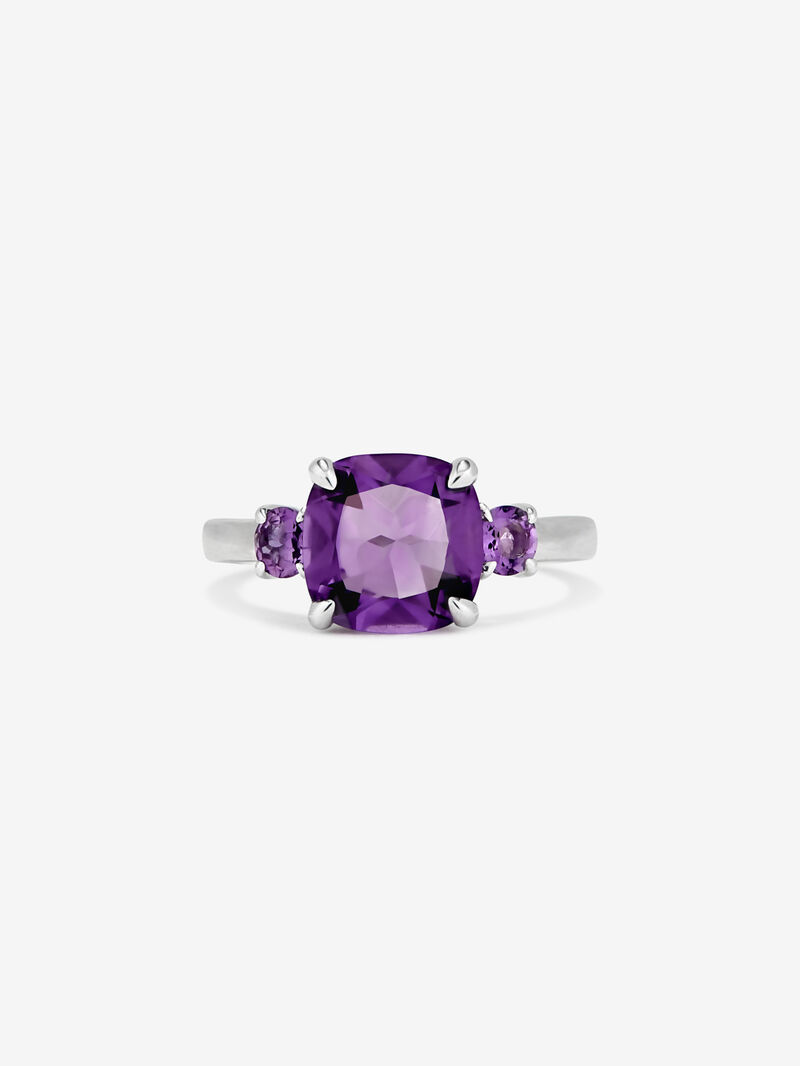 925 Silver Trilogy Ring with Amethysts image number 2