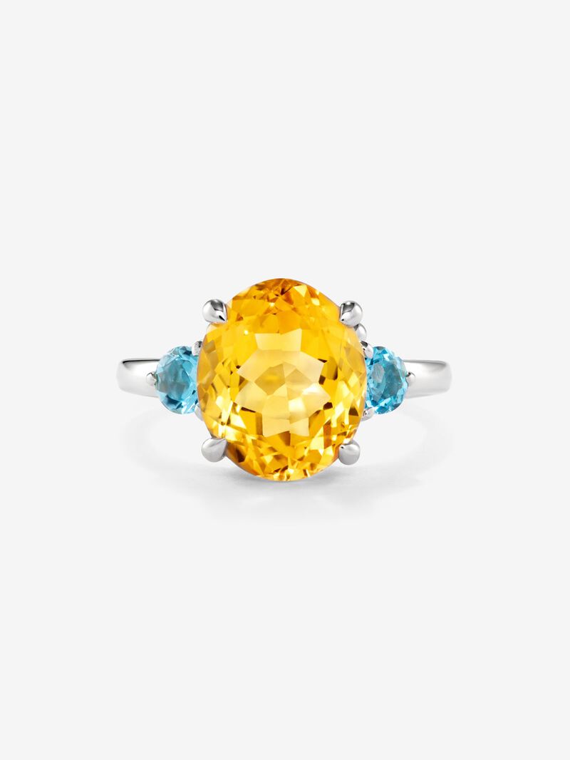 925 silver triple ring with oval-cut citrine quartz and 2 brilliant-cut Swiss blue topazes image number 1