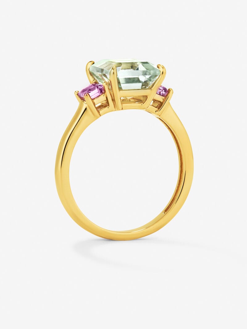 18K yellow gold triple ring with emerald-cut green amethyst of 2.53 cts and 2 princess-cut pink sapphires with a total of 0.41 cts image number 4