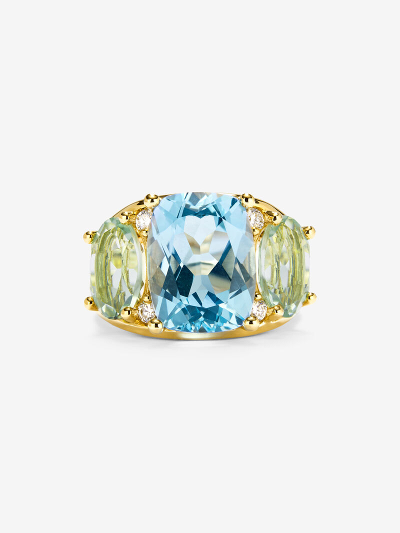 18K yellow gold ring with blue Sky Topacio in 5.5 cts Cushion size, green -sized icatists of 4.65 cts and white diamonds in a brilliant size of 0.15 cts image number 1