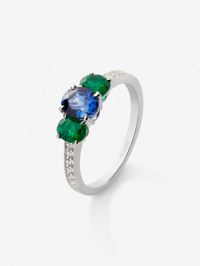 18K White Gold Tiego Ring with 0.97 CTS oval size, green emeralds in 0.63 cts and white diamonds in a bright size of 0.14 cts image number 0