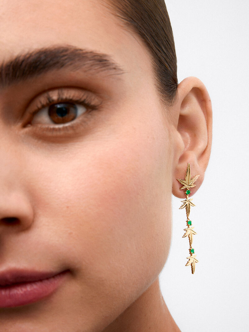 18K Yellow Gold Earrings with six brilliant-cut emeralds totaling 0.37 cts and a maple leaf shape image number 3