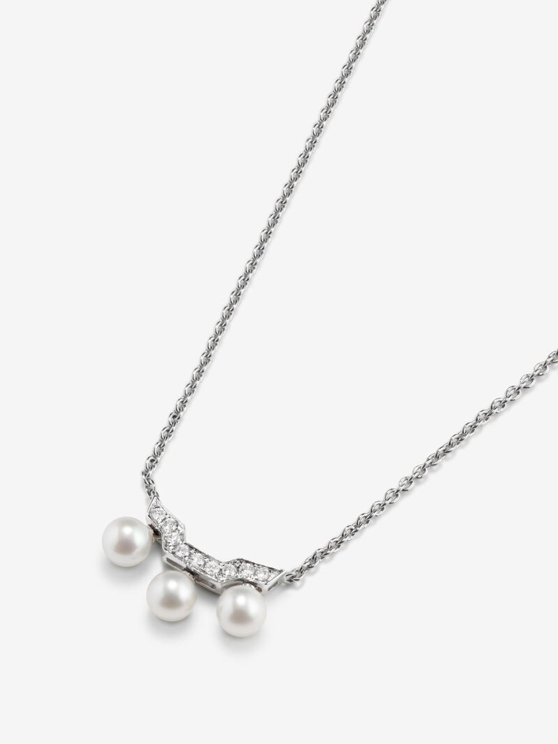18k white gold pendant chain with three Akoya pearls and diamonds. image number 2