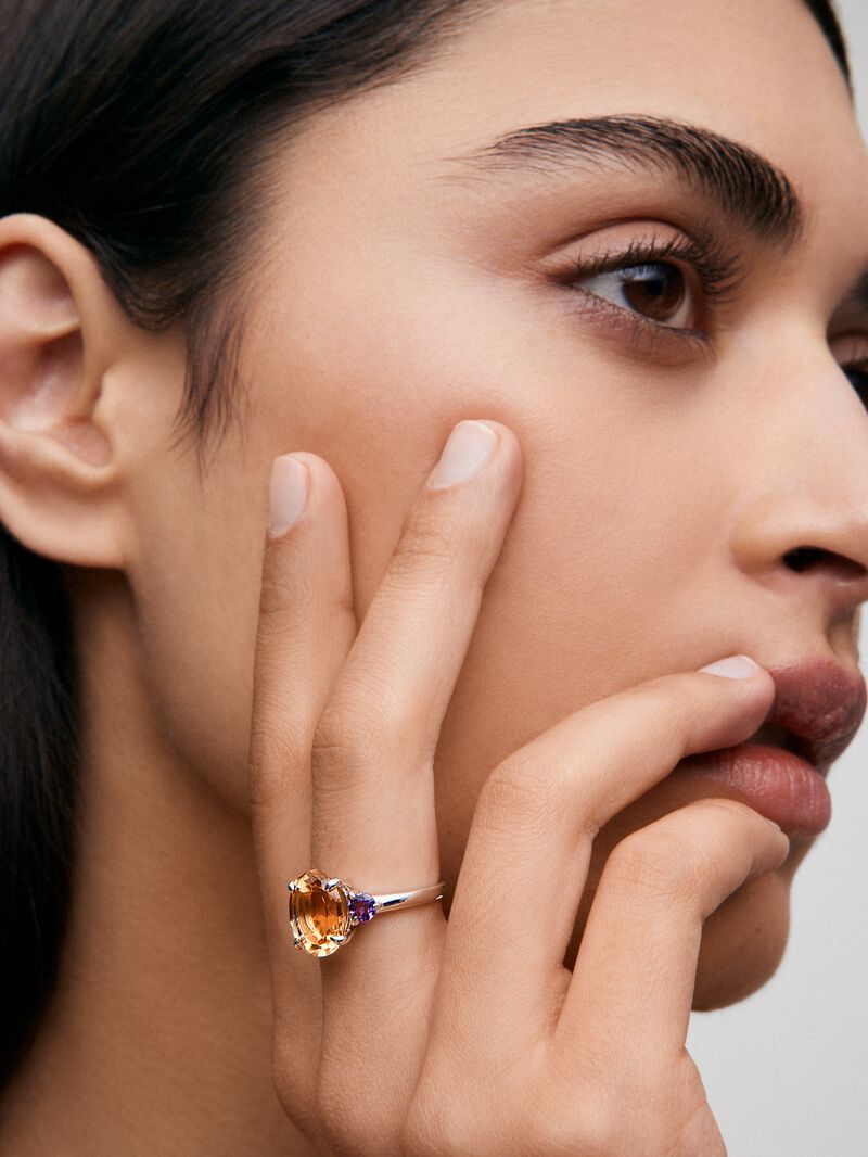 925 silver triple ring with oval-cut citrine quartz and 2 brilliant-cut purple amethysts image number 4