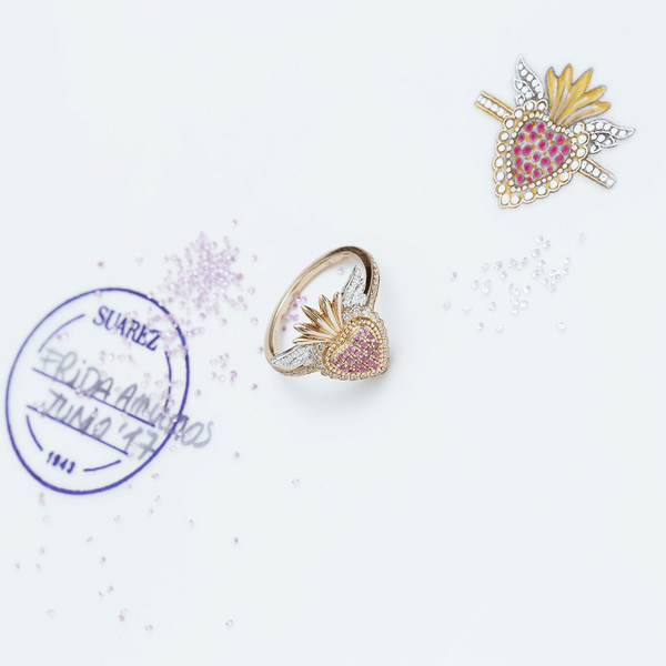 Anillo corazón de oro rosa de 18kt con zafiros rosas y diamantes, SO17014-OBORZRDDM