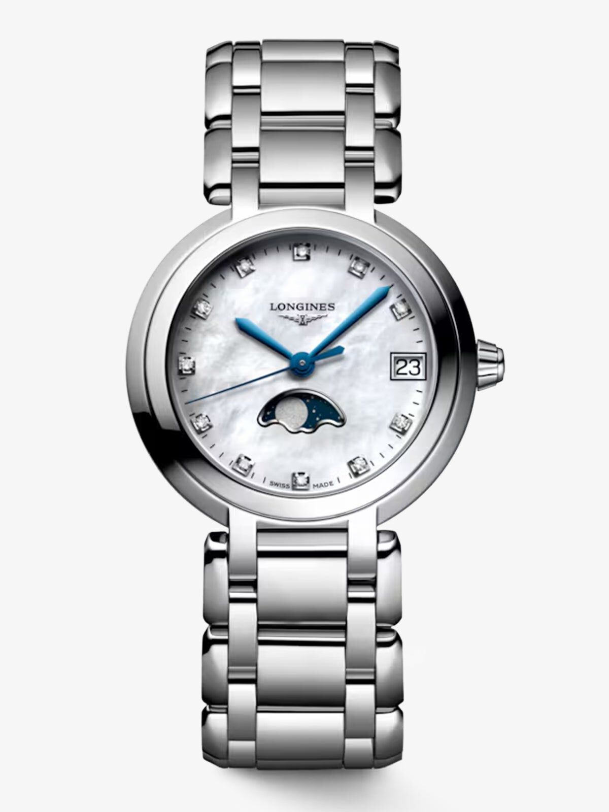 Longines Primaluna stainless steel watch with sapphire crystal diamond indexes and automatic movement Suarez