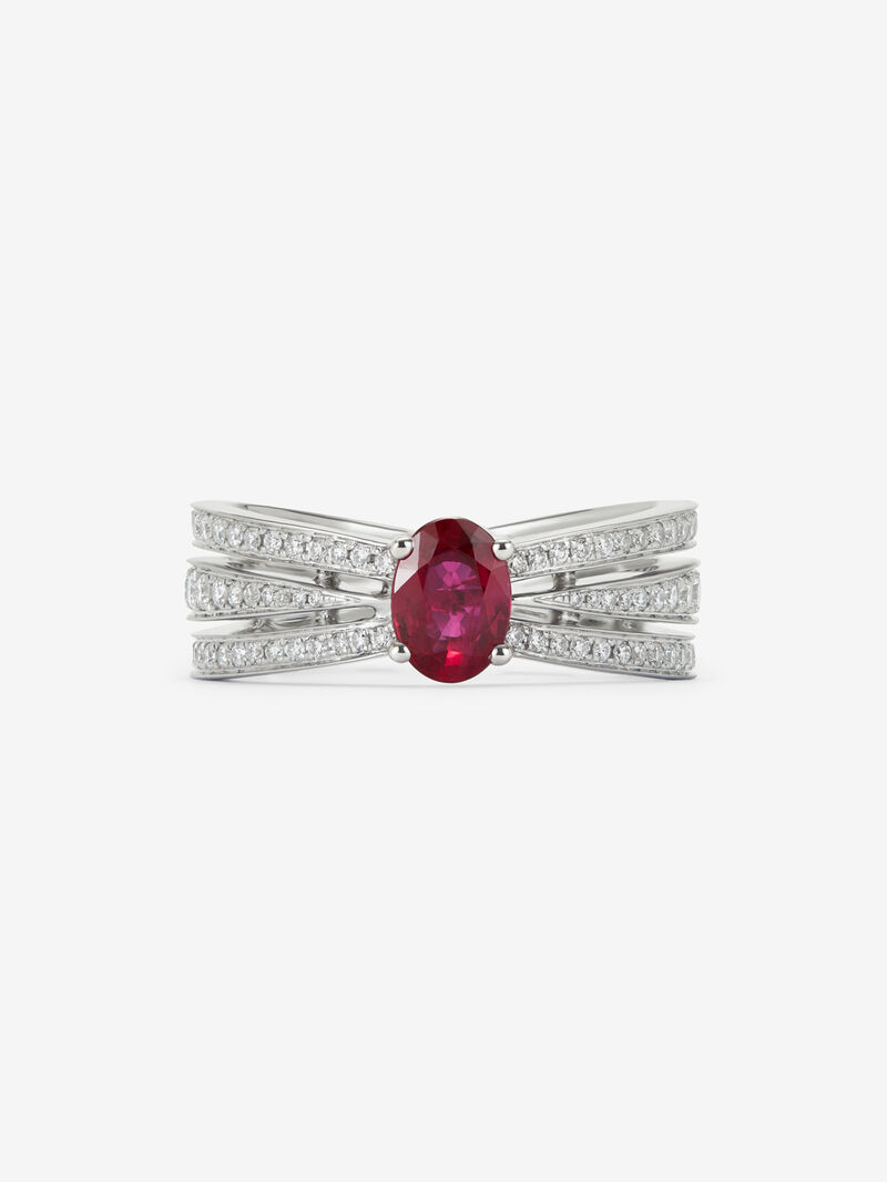 18K white gold multi-arm ring with oval-cut red ruby ​​of 0.65 cts and brilliant-cut diamonds with a total of 0.45 cts image number 2