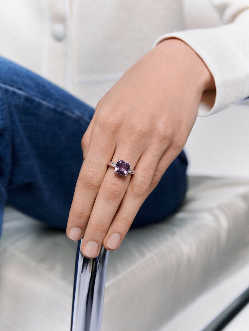 928 Silver Trilogy Ring with Amethyst and Diamonds image number 3