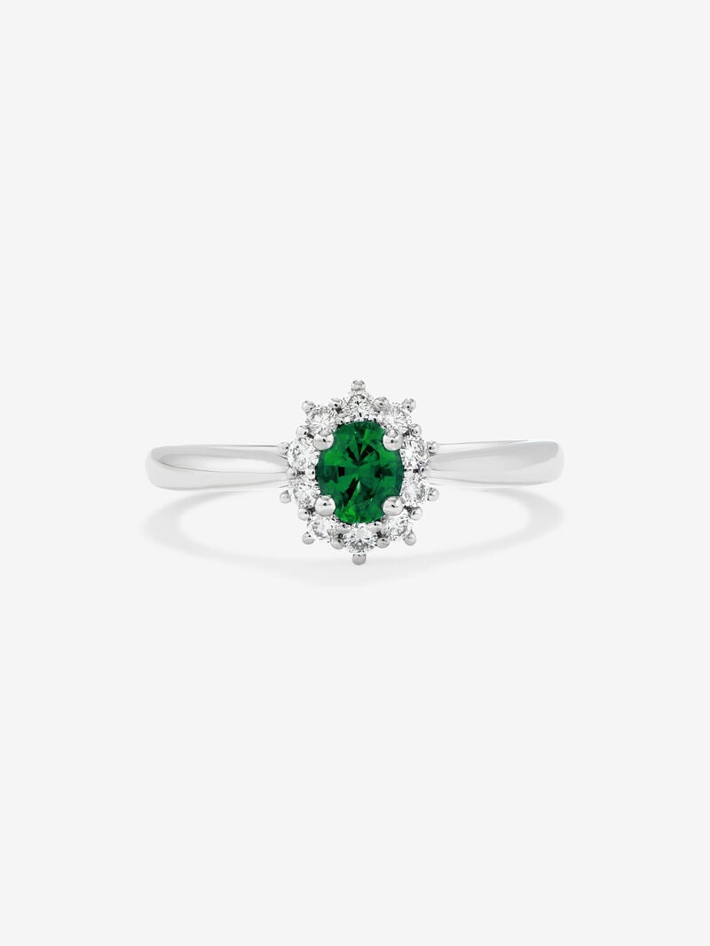 18K White Gold Ring with Emerald Green oval size and white diamonds image number 2