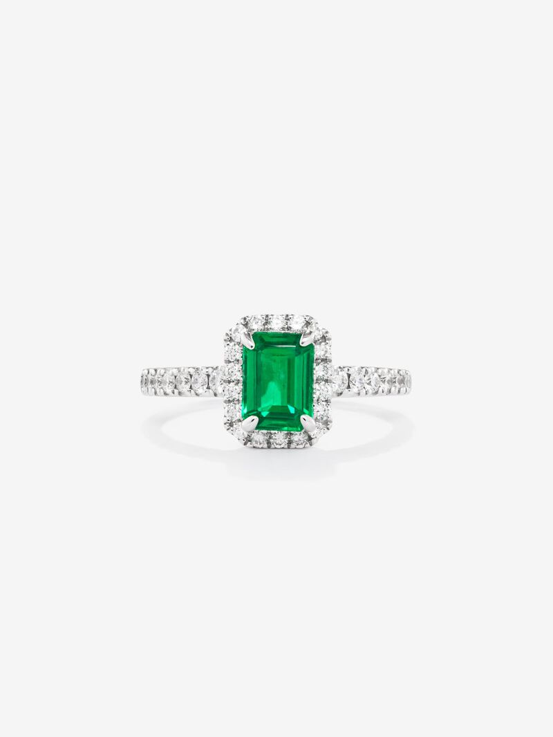 18K white gold ring with emerald cut emerald of 1.03 cts and border and arm of 32 brilliant cut diamonds with a total of 0.37 cts image number 1