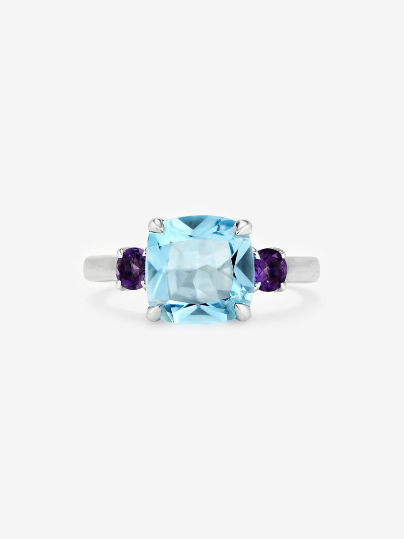 925 silver triple ring with cushion-cut sky blue topaz and brilliant-cut purple amethysts image number 1