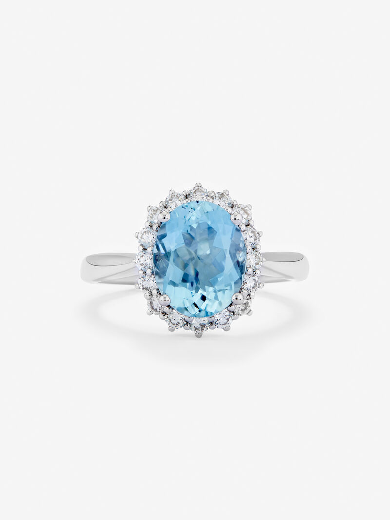 18K White Gold Ring with Aguamarine in 2.74 cts oval size and white diamonds in bright size image number 2