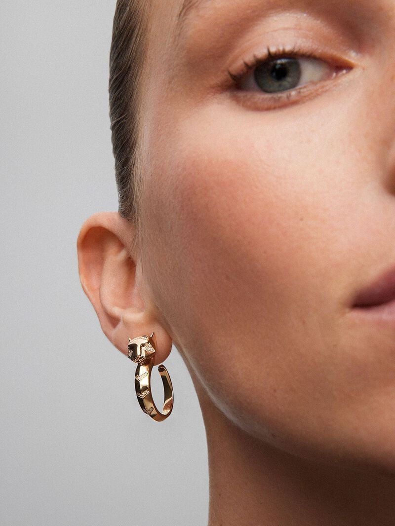 18K yellow gold hoop earrings with 52 brilliant-cut diamonds with a total of 0.16 cts and a tiger shape image number 2