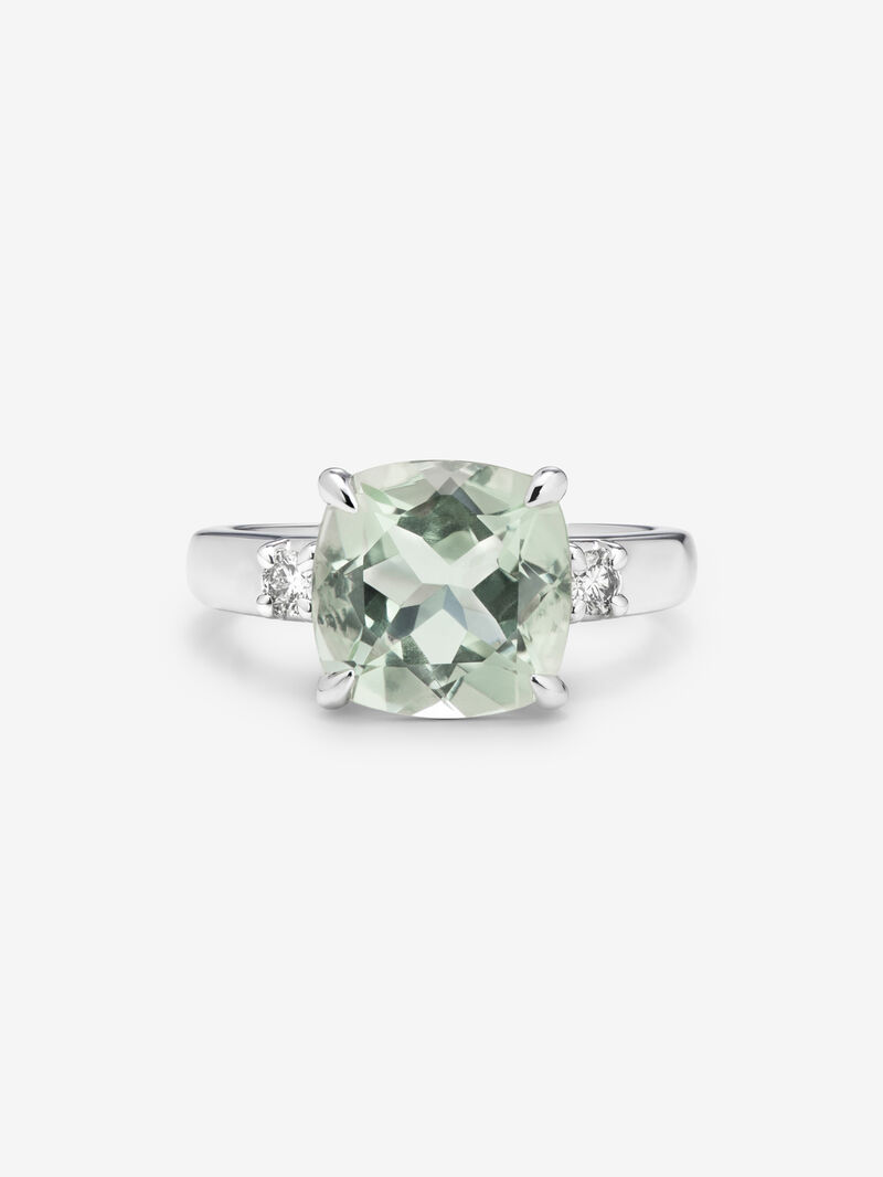 925 silver triple ring with cushion-cut green amethyst of 3.95 cts and 2 brilliant-cut diamonds with a total of 0.12 cts image number 2