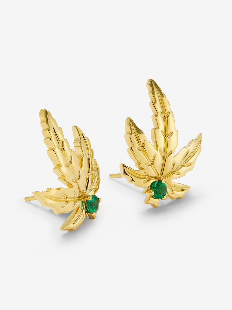 18K yellow gold earrings with two central emeralds totaling 0.15 cts, in a maple leaf design image number 2