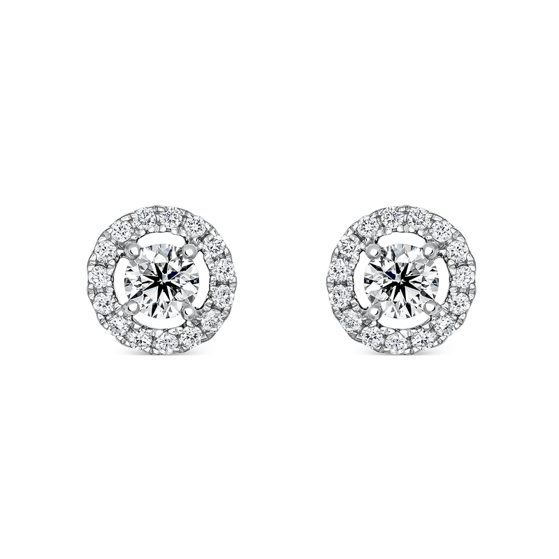 Pendientes de botón de oro blanco de 18kt con diamante central de 0,15cts y orla de diamantes, PE7031-00D015_V