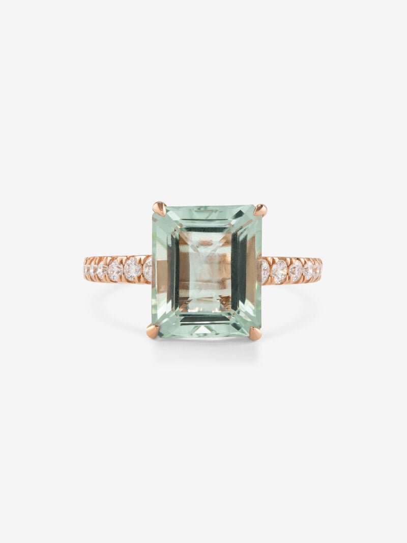 18K rose gold ring with green amethyst in emerald cut of 4.25 cts and 14 brilliant cut diamonds with a total of 0.32 cts image number 2