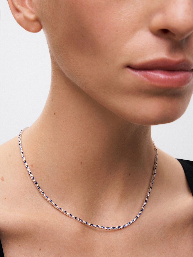 18K White Gold Rivière Collar with Diamonds and Blue Sapphires image number 1