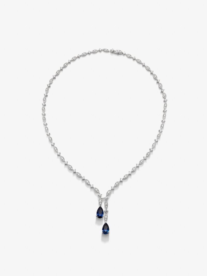 18K white gold necklace with intense blue sapping pear size 2.08 cts, royal blue zafiro in 2,07 cts and white diamonds in 6.38 cts bright diamonds image number 0