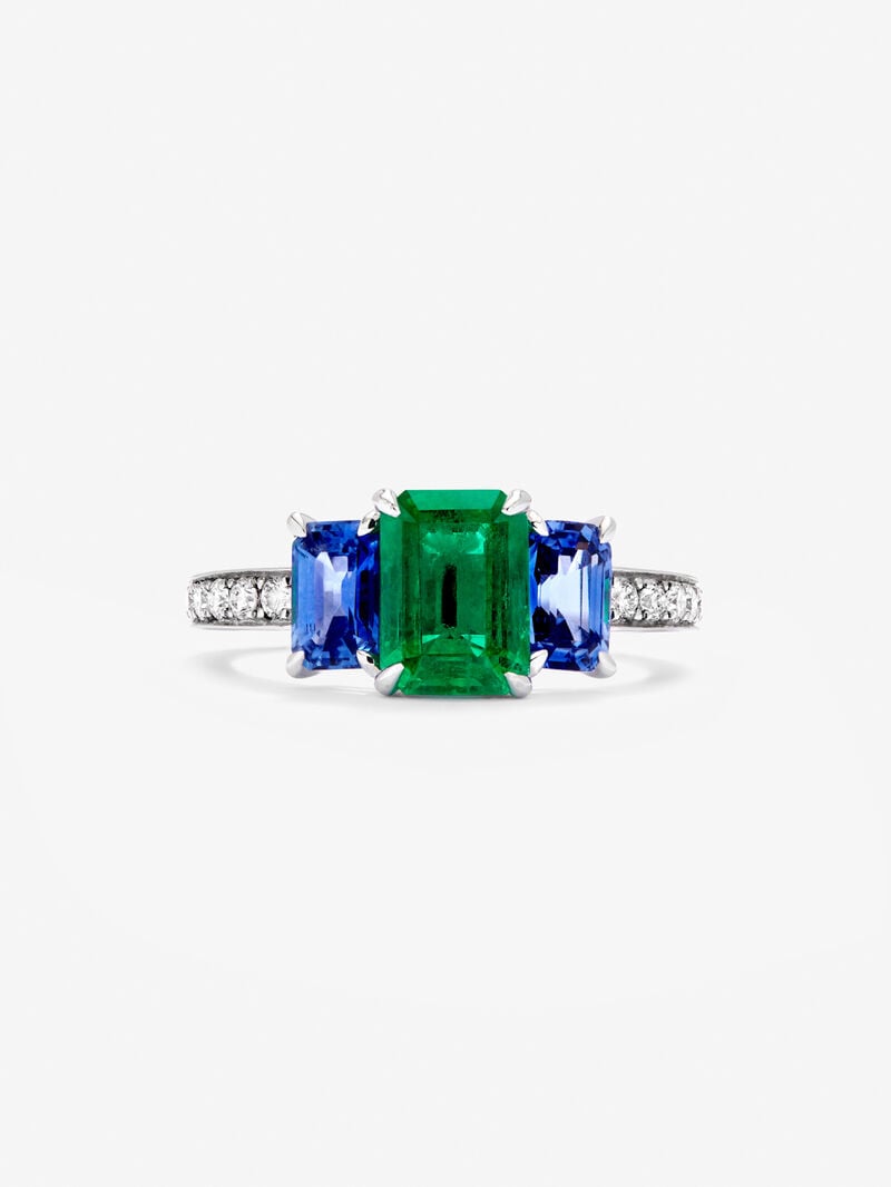18K White Gold Tieillo Ring with Green Esmerald in Octagonal Size 1.58 CTS, Blue Sapphires in Octagonal Size 1.28 CTS and White Diamonds in Bright Size of 0.2 Cts image number 2