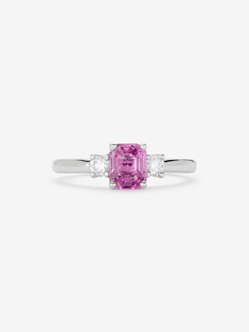 18K white gold triple ring with octagonal-cut pink sapphire and 2 brilliant-cut diamonds with a total of 0.20 cts image number 1