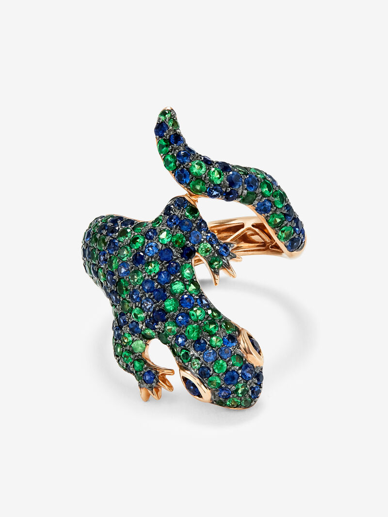 18K rose gold ring with 79 brilliant-cut tsavorites with a total of 1.35 cts and 81 brilliant-cut blue sapphires with a total of 1.35 cts in the shape of a salamander image number 3
