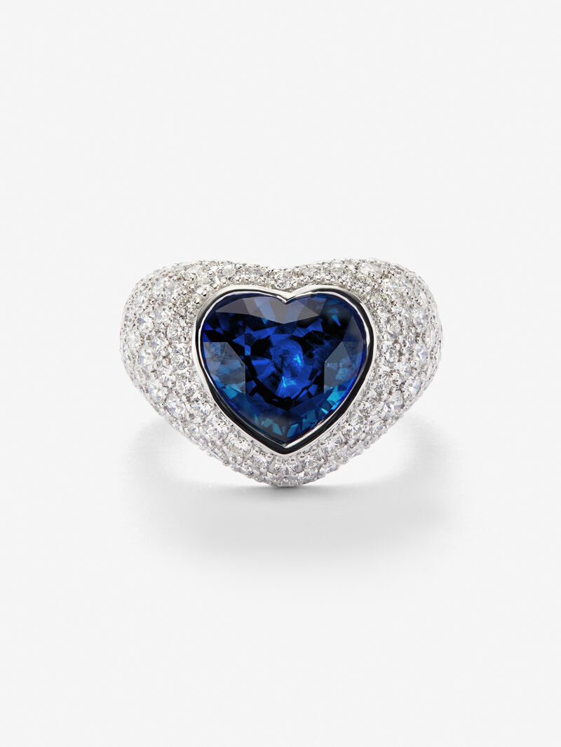18K White Gold Ring with white diamond pavement in 2.22 cts and blue sapphire in 4.47 cts heart image number 2