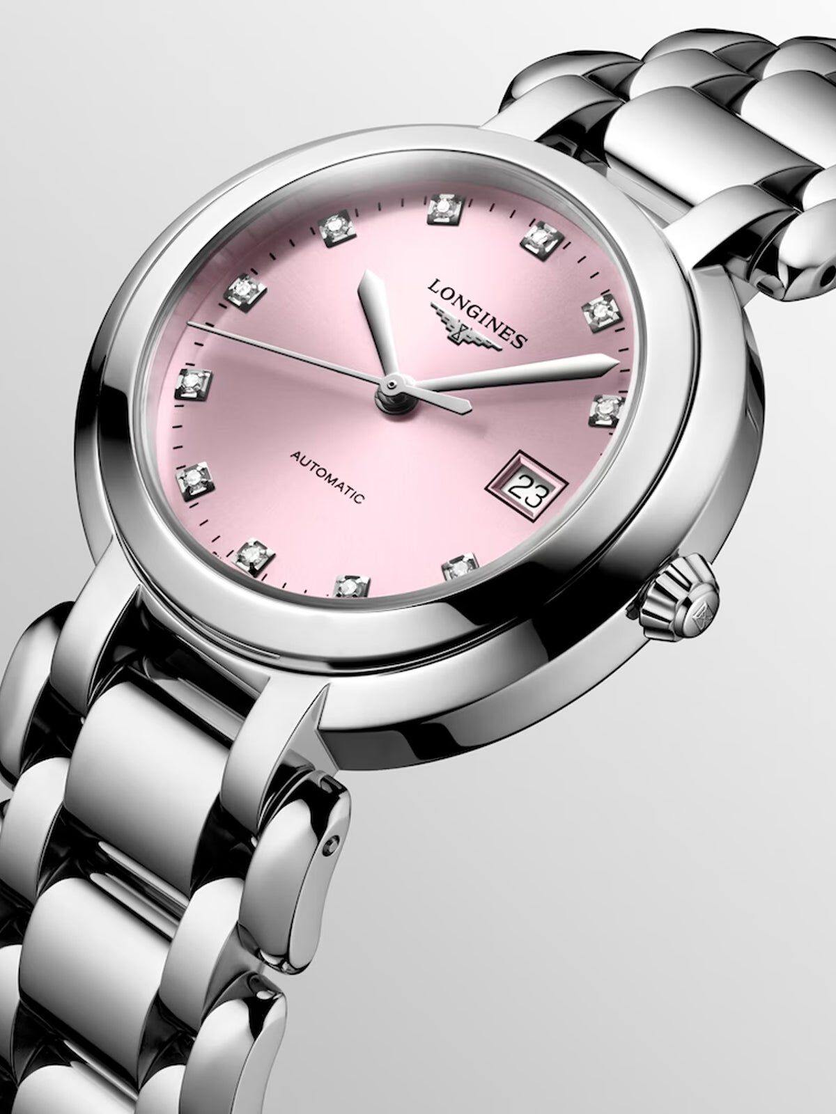 Longines Primaluna stainless steel watch with sapphire crystal diamond indexes and automatic movement Suarez