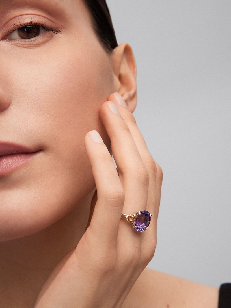 925 silver triple ring with oval-cut purple amethyst and 2 brilliant-cut citrine quartz image number 3