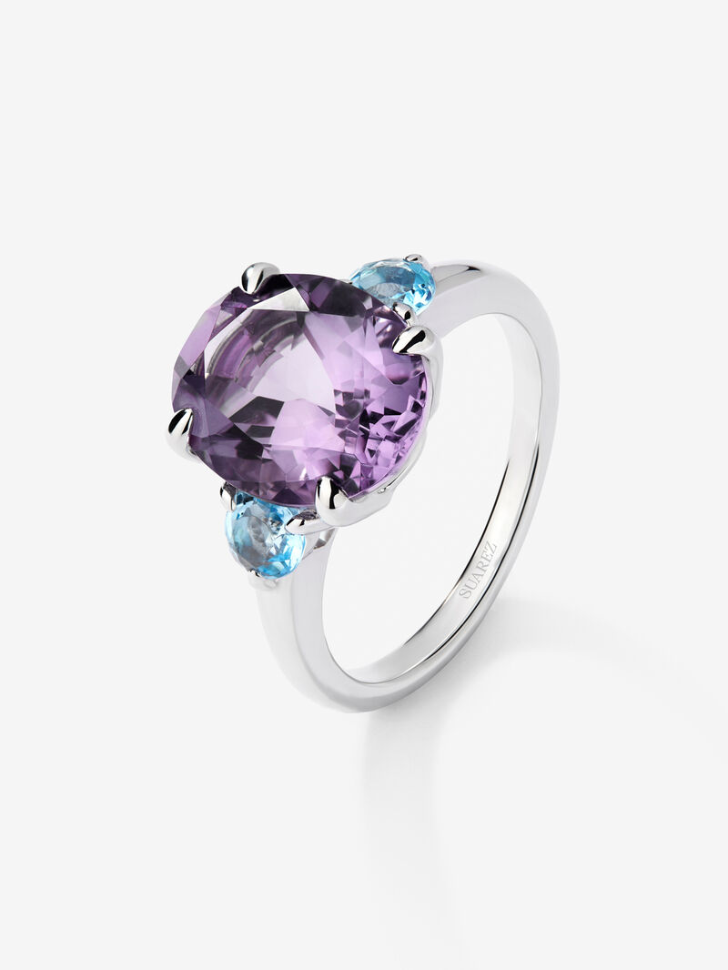 925 silver triple ring with oval-cut purple amethyst and 2 brilliant-cut Swiss blue topazes image number 0
