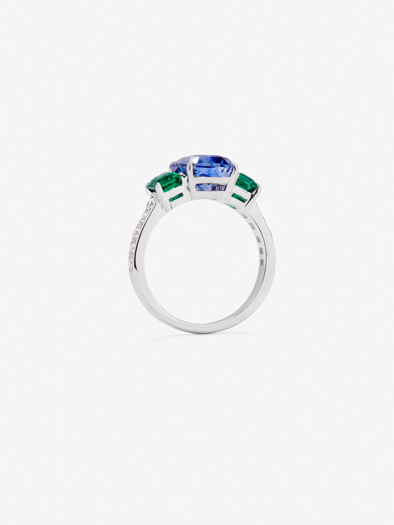 18K White Gold Tiego Ring with blue sapphire in 3.6 cts emerald size, green emeralds in octagonal size 1.12 cts and white diamonds in bright size of 0.073 cts image number 4