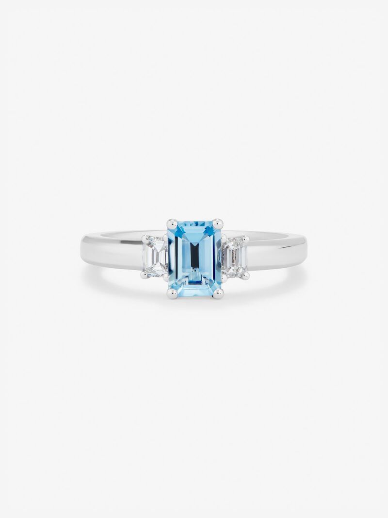 18K white gold triple ring with octagonal cut aquamarine of 0.8 cts and 2 octagonal cut diamonds with a total of 0.3 cts image number 2