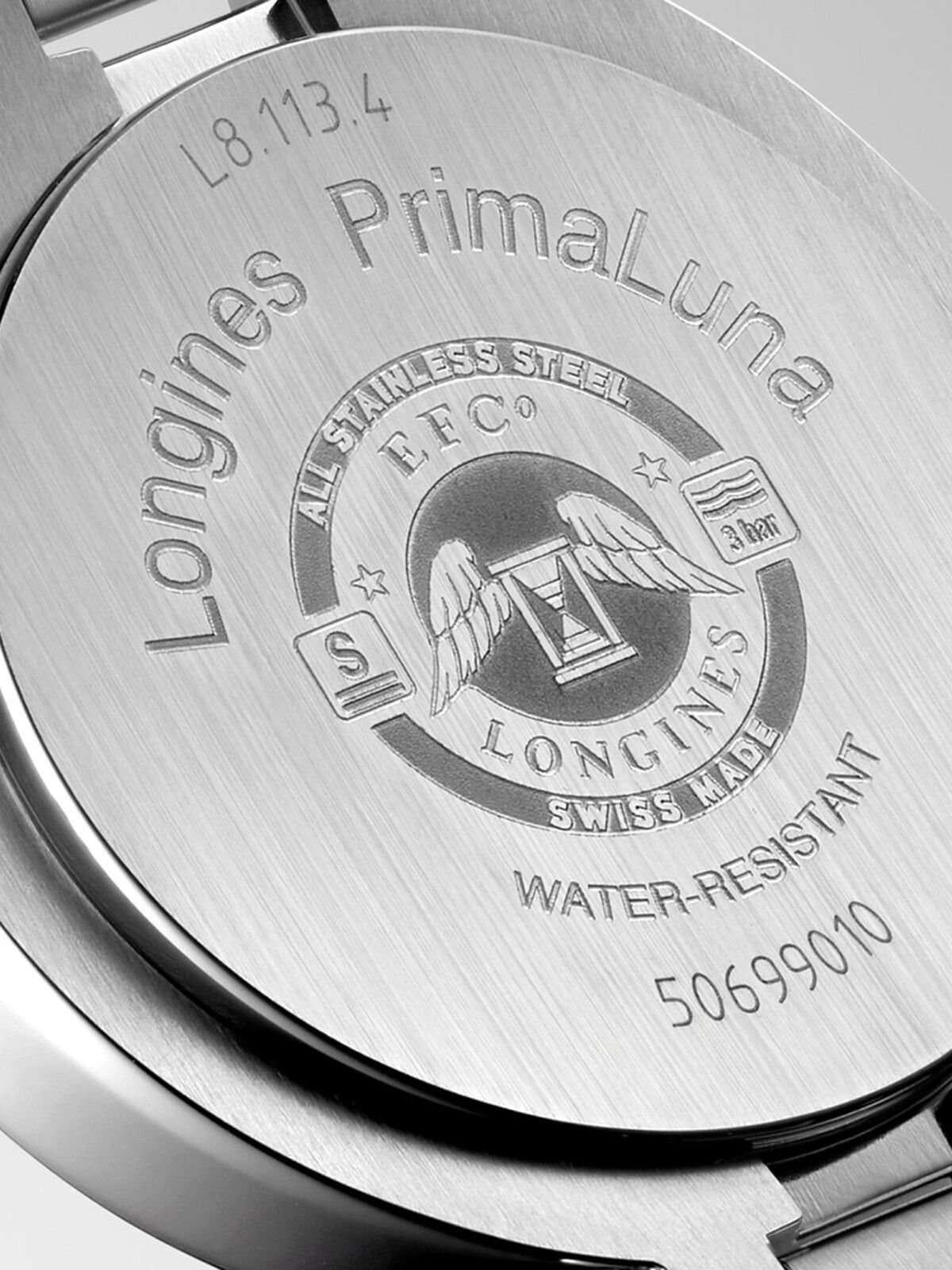 Longines Primaluna stainless steel watch with sapphire crystal diamond indexes and automatic movement Suarez