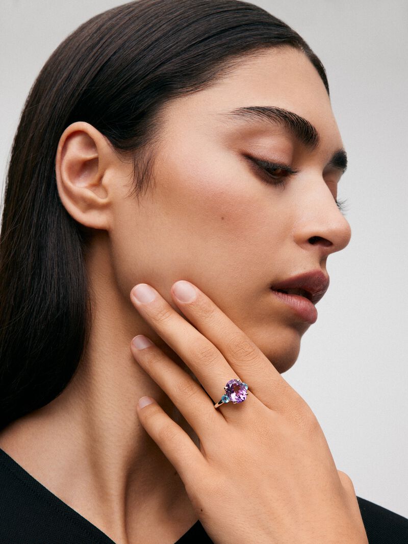 925 silver triple ring with oval-cut purple amethyst and 2 brilliant-cut Swiss blue topazes image number 3