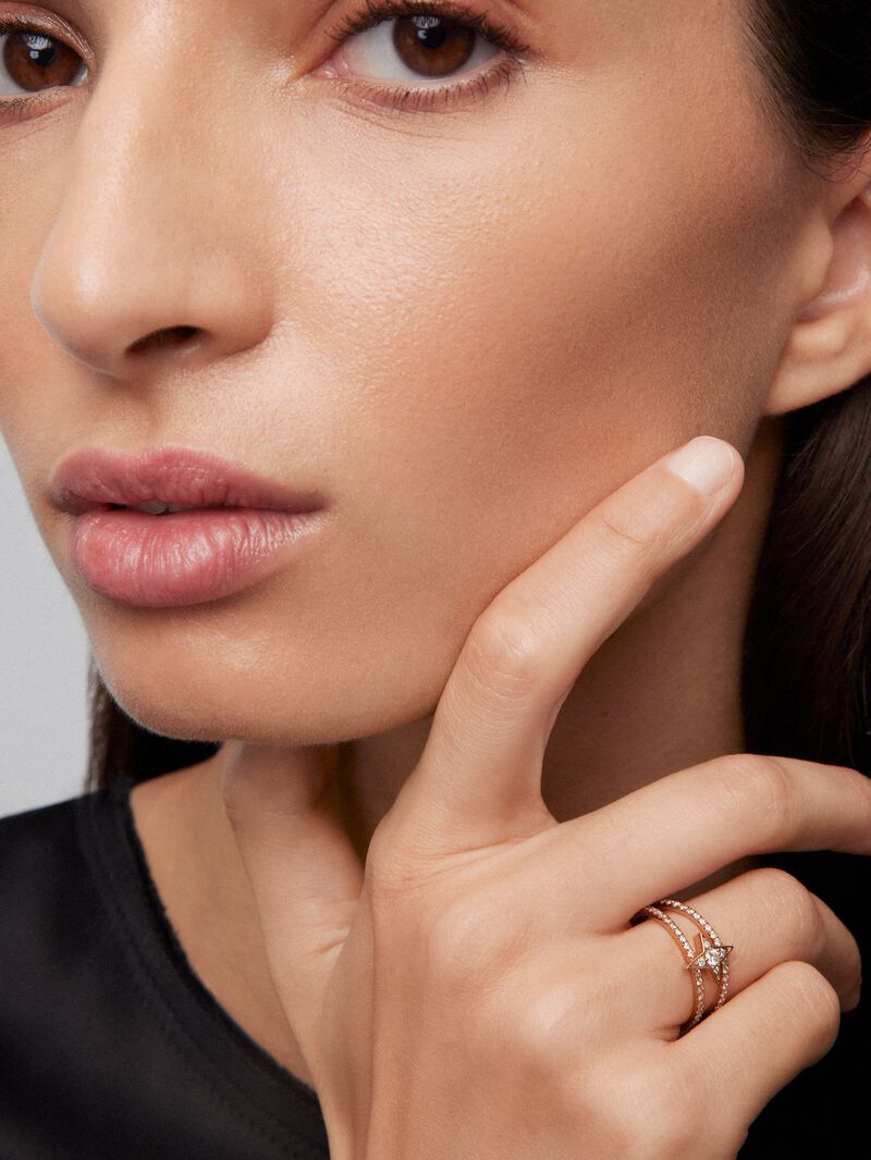 18K rose gold double ring with star and 49 brilliant-cut diamonds with a total of 0.29 cts image number 3
