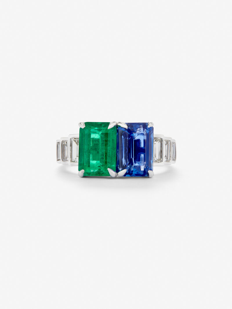 You and 18k white gold ring with blue sapphire in 2.82, green emerald in octagonal size 1.98 cts and white diamonds in 0.69 cts baggos image number 2
