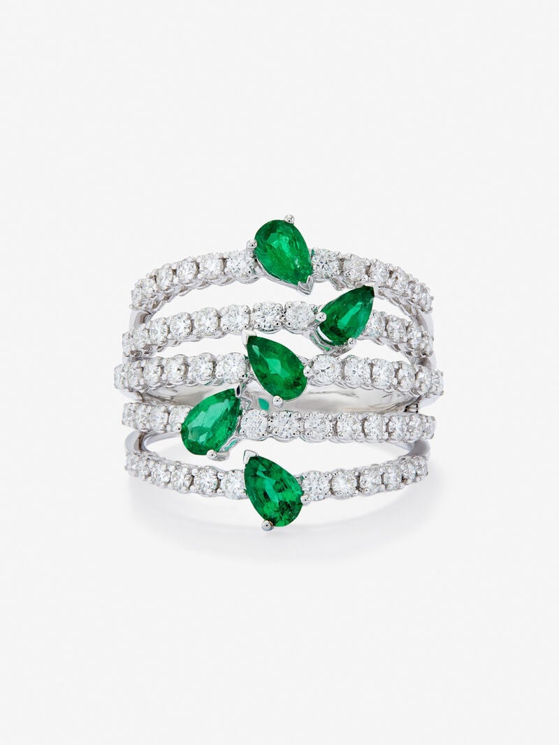 18K white gold ring with 60 brilliant-cut diamonds with a total of 1.02 cts and 5 pear-cut green emeralds with a total of 0.92 cts image number 4
