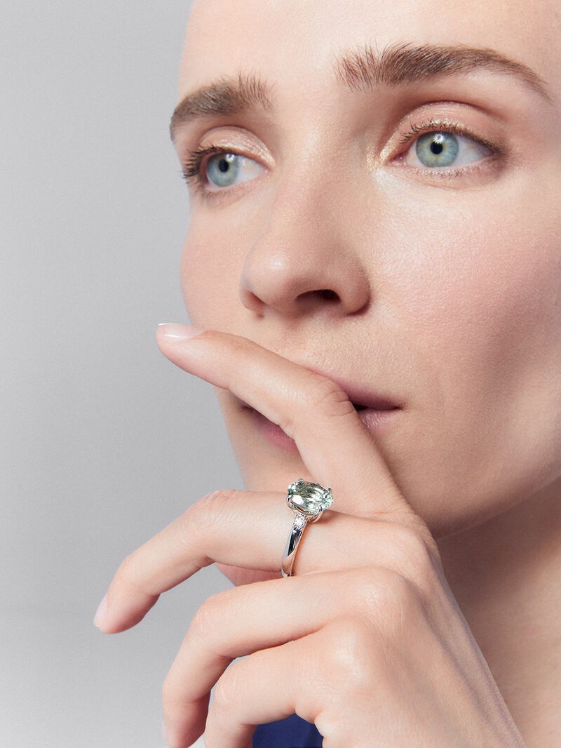 928 Silver trio ring with green amethyst and diamonds image number 1
