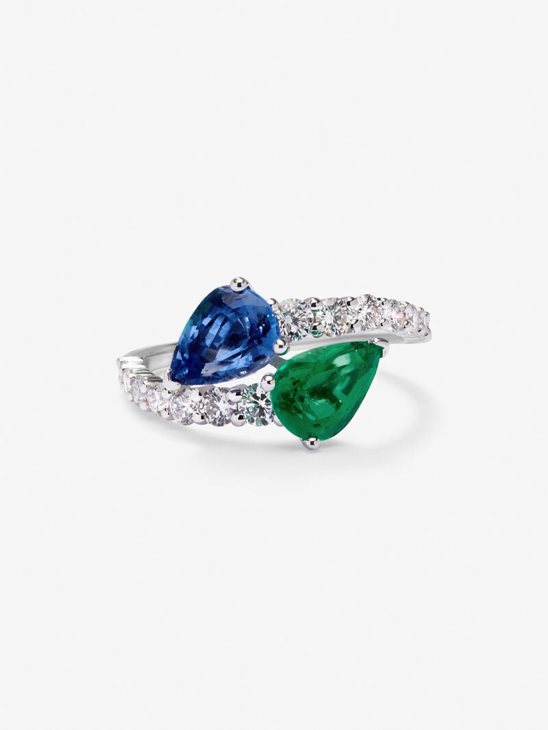 You and me ring in 18K white gold with an intense blue pear-cut sapphire of 1.49 cts, a pear-cut green emerald of 1.04 cts and 14 brilliant-cut diamonds with a total of 0.64 cts image number 2