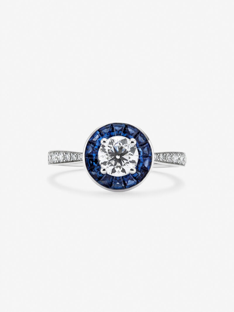 18K White Gold Ring with white diamonds in bright size of 0.88 cts and blue sapphires in 0.67 CTS trapeze size image number 2