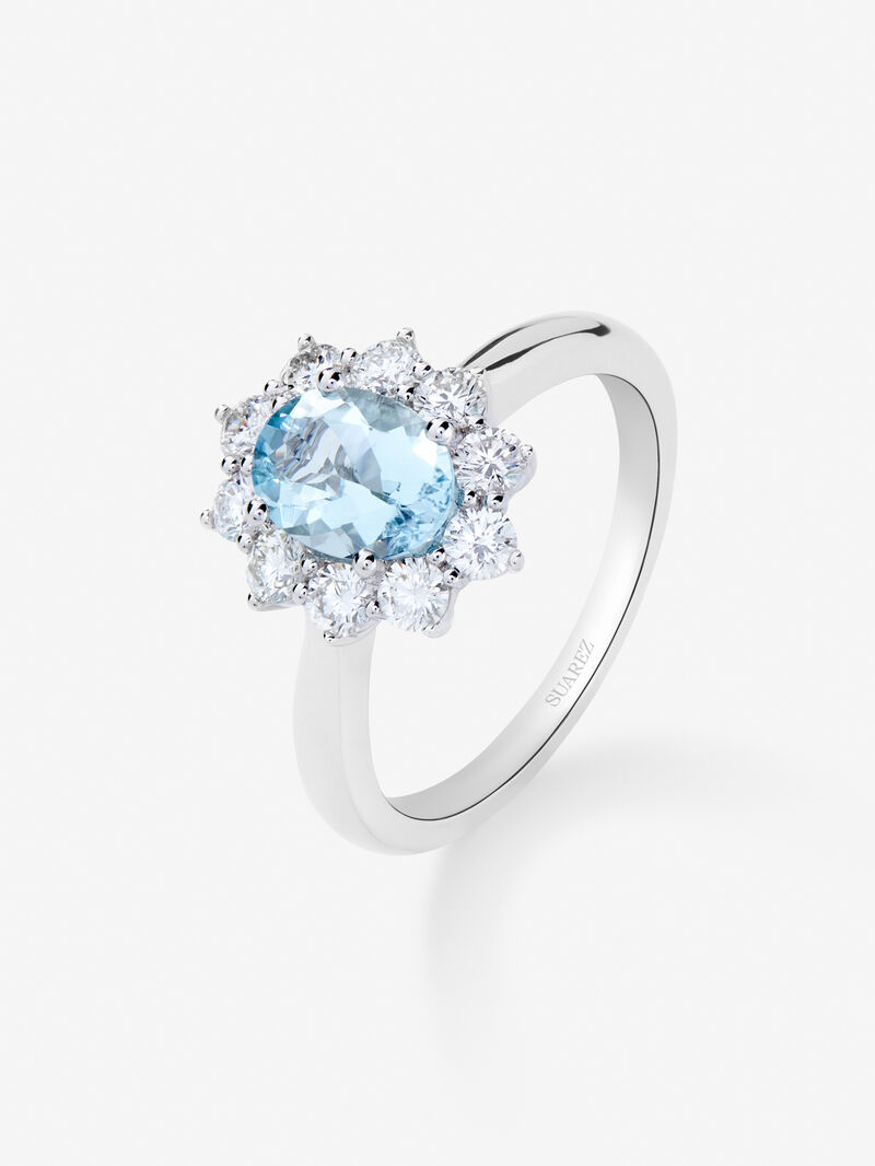 18kt White Gold Ring with Central Aguamarina and Diamond Orla image number 0