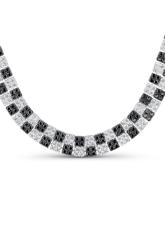Collar de oro blanco de 18kt con motivos geométricos de diamantes negros y blancos, CO22009-OBDBDN_V