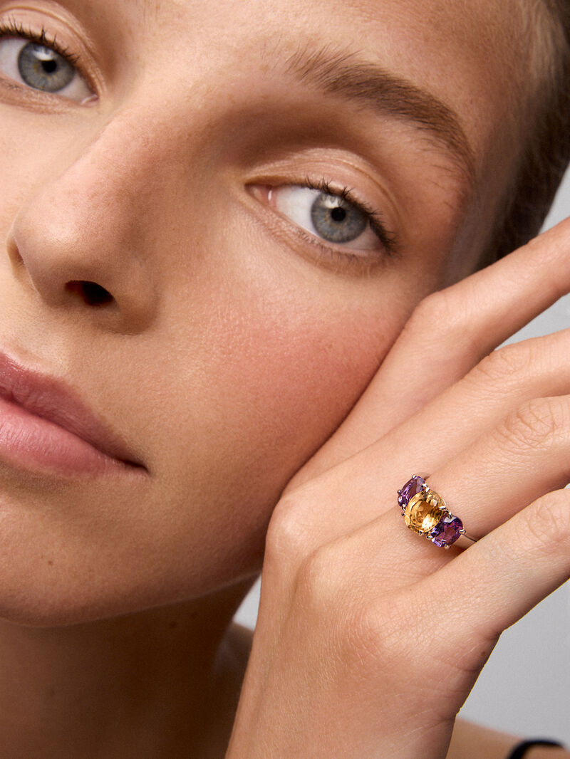925 silver triple ring with oval-cut citrine quartz and 2 oval-cut purple amethysts image number 3