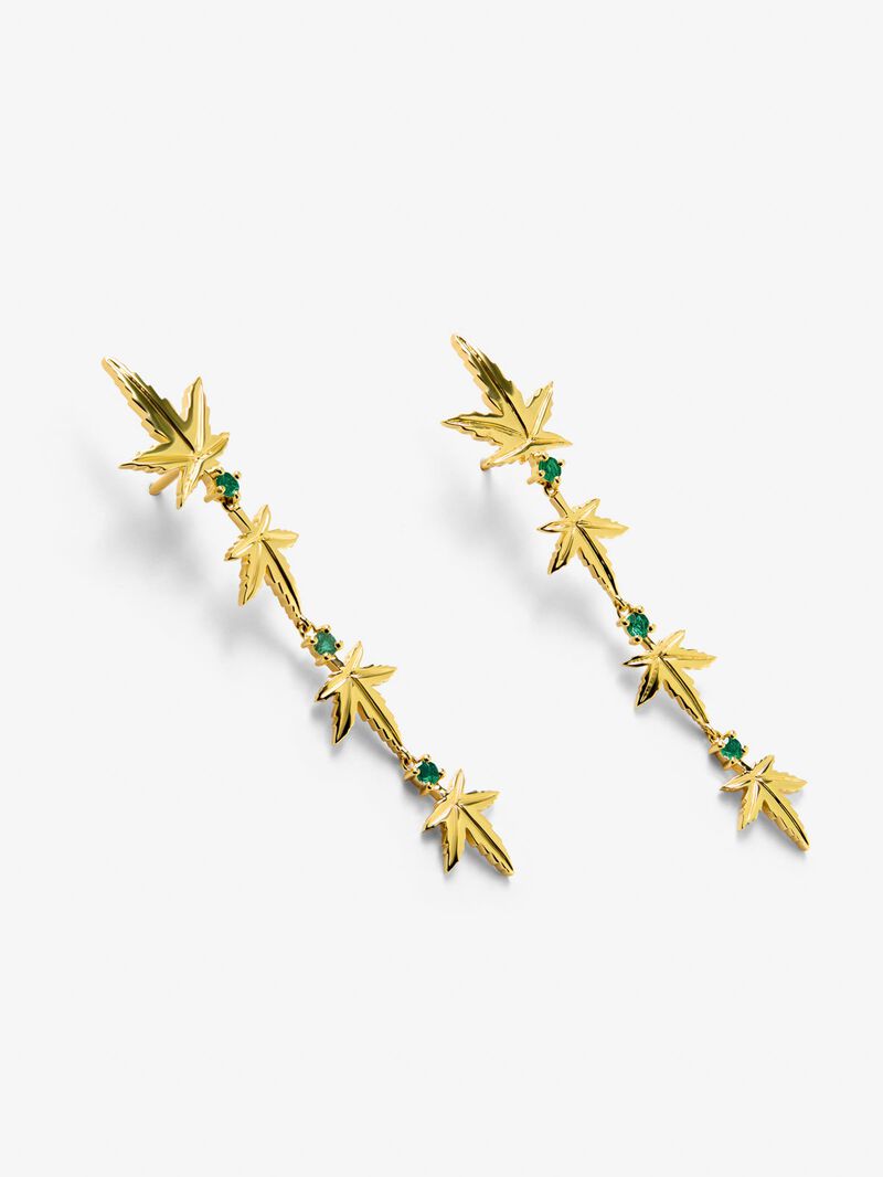 18K Yellow Gold Earrings with six brilliant-cut emeralds totaling 0.37 cts and a maple leaf shape image number 2