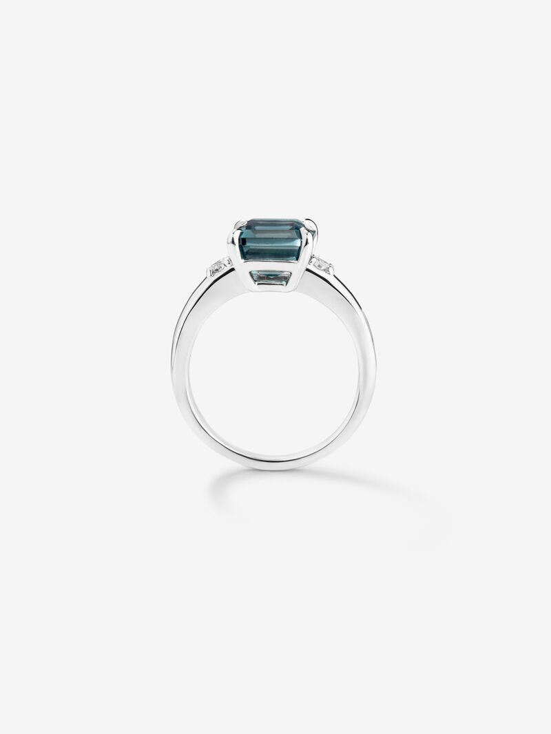 925 silver ring with emerald-cut London blue topaz of 3.74 cts and 2 brilliant-cut diamonds with a total of 0.09 cts image number 4