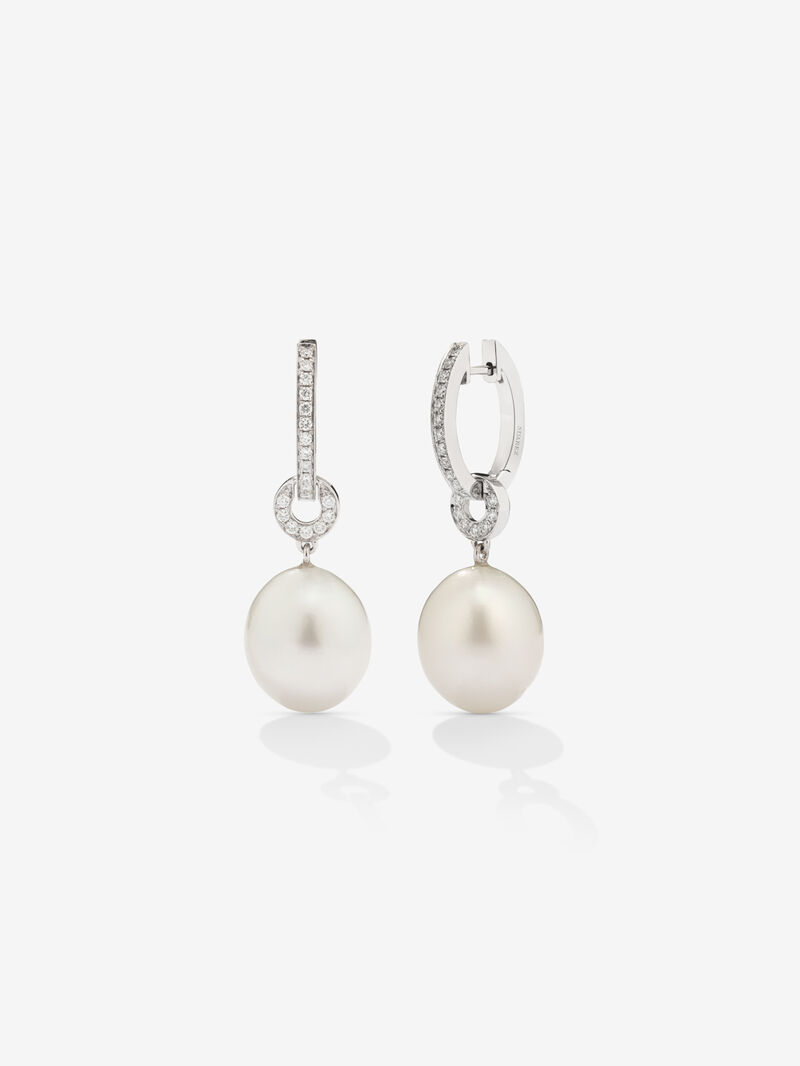18k white gold hoop earring with 9mm Australian pearl pendant and diamond. image number 1