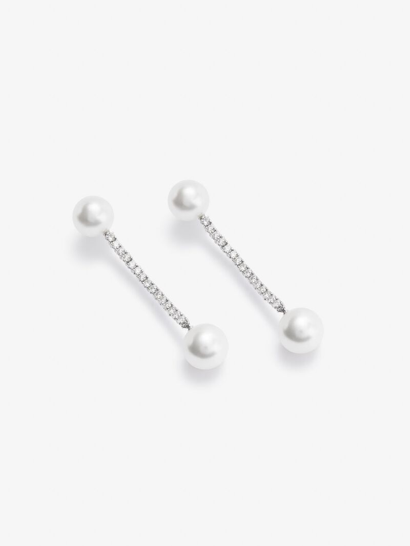 Long 18K white gold pendant earrings with diamond and pearl. image number 2