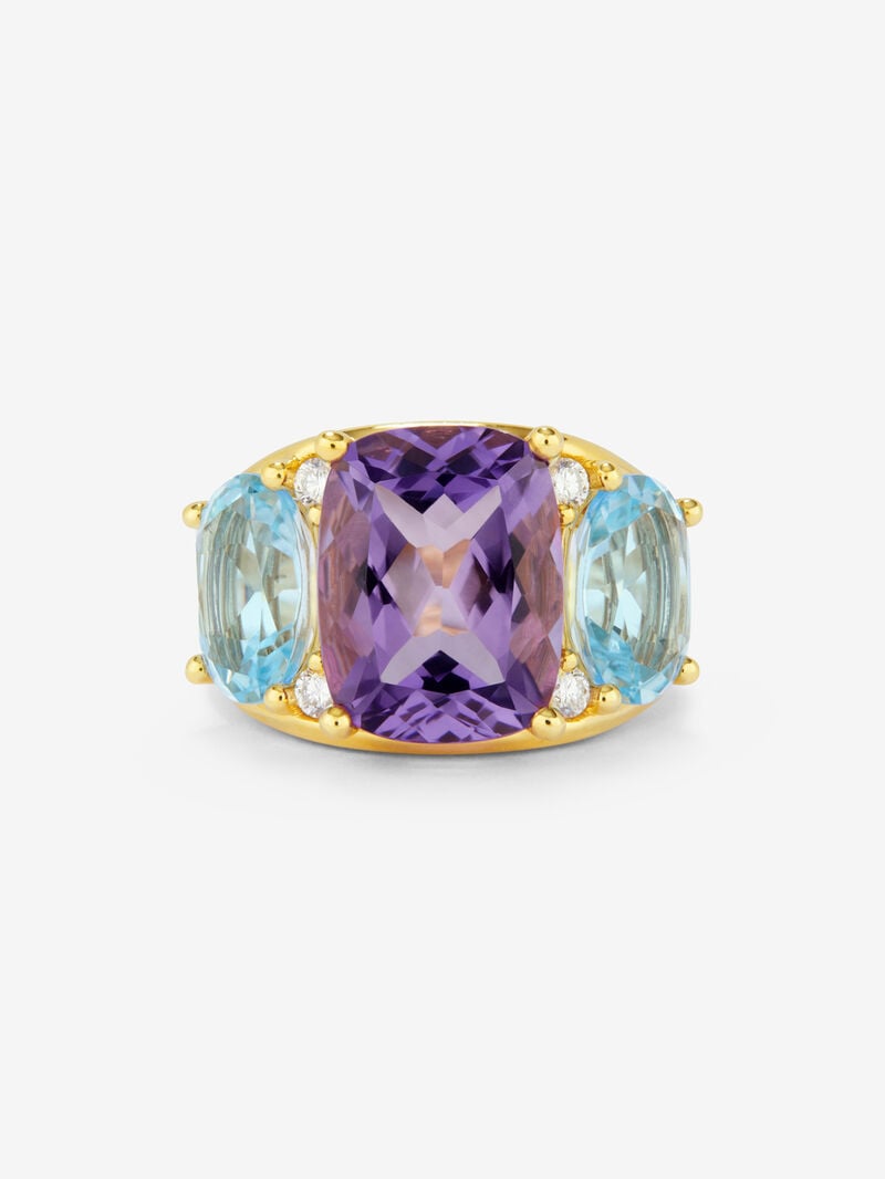 18K yellow gold ring with purple ameter in 5.5 cts Cushion size, Sky blue sky tapacios in 4.65 cts and white diamonds in a brilliant size of 0.15 cts image number 2